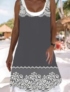 Women's Midi Dress Tank Dress Fashion Classic Outdoor Daily Weekend Regular Fit Graphic Geometric Sleeveless Crew Neck Light Grey Spring Fall