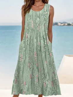 Women's Midi Dress Tank Dress Floral Graphic Ruched Pocket Crew Neck Daily Vacation Sleeveless Summer Spring