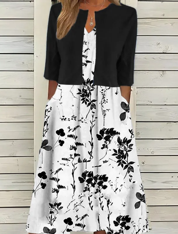Women's Midi Dress Two Piece Dress Set Casual Dress Print Dress Daily Vacation Fashion Elegant Pocket Print Crew Neck Half Sleeve Floral Regular Fit Black Navy Blue Green Summer Spring S M L XL XXL