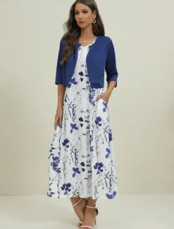 Women's Midi Dress Two Piece Dress Set Casual Dress Print Dress Daily Vacation Fashion Elegant Pocket Print Crew Neck Half Sleeve Floral Regular Fit Black Navy Blue Green Summer Spring S M L XL XXL