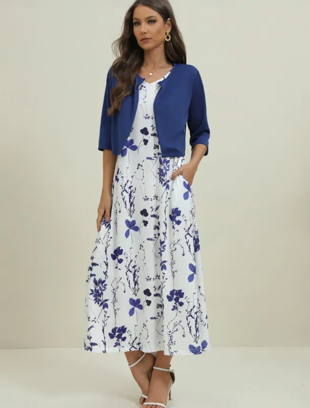 Women's Midi Dress Two Piece Dress Set Casual Dress Print Dress Daily Vacation Fashion Elegant Pocket Print Crew Neck Half Sleeve Floral Regular Fit Black Navy Blue Green Summer Spring S M L XL XXL