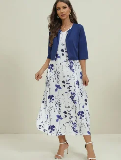 Women's Midi Dress Two Piece Dress Set Casual Dress Print Dress Daily Vacation Fashion Elegant Pocket Print Crew Neck Half Sleeve Floral Regular Fit Black Navy Blue Green Summer Spring S M L XL XXL