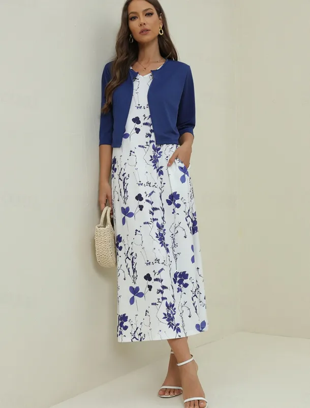 Women's Midi Dress Two Piece Dress Set Casual Dress Print Dress Daily Vacation Fashion Elegant Pocket Print Crew Neck Half Sleeve Floral Regular Fit Black Navy Blue Green Summer Spring S M L XL XXL
