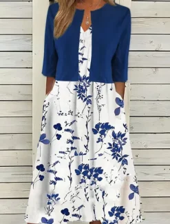 Women's Midi Dress Two Piece Dress Set Casual Dress Print Dress Daily Vacation Fashion Elegant Pocket Print Crew Neck Half Sleeve Floral Regular Fit Black Navy Blue Green Summer Spring S M L XL XXL