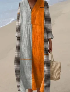 Women's Midi Dress V Neck Long Sleeve Kaftan Lightweight Loose Fit A Line Dress Casual Boho Going out Loose Fit Graphic Long Sleeve V Neck Black Blue Orange Khaki