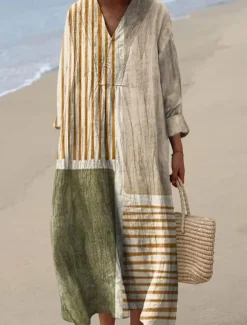 Women's Midi Dress V Neck Long Sleeve Kaftan Lightweight Loose Fit A Line Dress Casual Boho Going out Loose Fit Graphic Long Sleeve V Neck Black Blue Orange Khaki