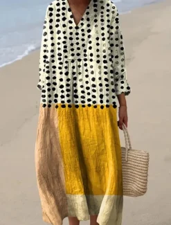 Women's Midi Dress V Neck Long Sleeve Kaftan Lightweight Loose Fit A Line Dress Casual Boho Going out Graphic Geometric Stripe Long Sleeve V Neck Orange red Black Yellow Pink