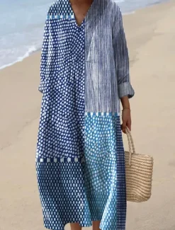 Women's Midi Dress V Neck Long Sleeve Kaftan Lightweight Loose Fit A Line Dress Casual Boho Going out Graphic Geometric Stripe Long Sleeve V Neck Orange red Black Yellow Pink