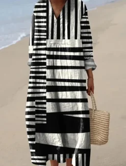 Women's Midi Dress V Neck Long Sleeve Kaftan Lightweight Loose Fit A Line Dress Casual Boho Going out Graphic Geometric Stripe Long Sleeve V Neck Orange red Black Yellow Pink