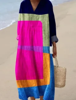 Women's Midi Dress V Neck Long Sleeve Kaftan Lightweight Loose Fit A Line Dress Casual Boho Going out Graphic Geometric Stripe Long Sleeve V Neck Orange red Black Yellow Pink