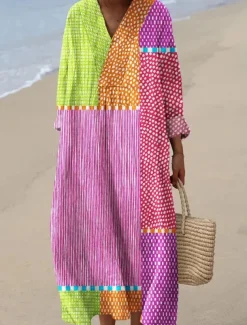 Women's Midi Dress V Neck Long Sleeve Kaftan Lightweight Loose Fit A Line Dress Casual Boho Going out Graphic Geometric Stripe Long Sleeve V Neck Orange red Black Yellow Pink