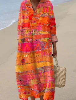 Women's Midi Dress V Neck Long Sleeve Kaftan Lightweight Loose Fit A Line Dress Casual Boho Going out Graphic Geometric Stripe Long Sleeve V Neck Orange red Black Yellow Pink