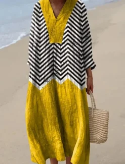 Women's Midi Dress V Neck Long Sleeve Kaftan Lightweight Loose Fit A Line Dress Casual Boho Going out Graphic Long Sleeve V Neck Yellow Pink Blue Brown