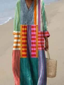 Women's Midi Dress V Neck Long Sleeve Kaftan Lightweight Loose Fit A Line Dress Casual Boho Going out Graphic Long Sleeve V Neck Yellow Pink Blue Brown