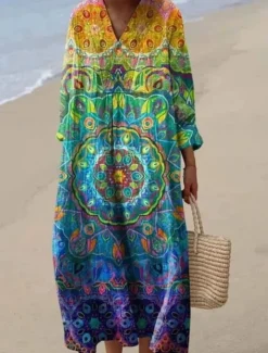 Women's Midi Dress V Neck Long Sleeve Kaftan Lightweight Loose Fit A Line Dress Casual Boho Going out Graphic Long Sleeve V Neck Yellow Pink Blue Brown