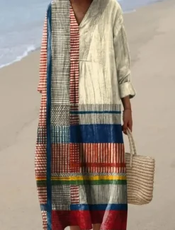 Women's Midi Dress V Neck Long Sleeve Kaftan Lightweight Loose Fit A Line Dress Casual Boho Going out Graphic Long Sleeve V Neck Yellow Pink Blue Brown