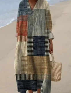 Women's Midi Dress V Neck Long Sleeve Kaftan Lightweight Loose Fit A Line Dress Casual Boho Going out Graphic Long Sleeve V Neck Yellow Pink Blue Brown