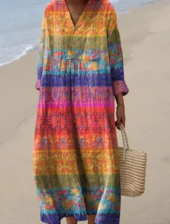 Women's Midi Dress V Neck Long Sleeve Kaftan Lightweight Loose Fit A Line Dress Casual Boho Going out Graphic Long Sleeve V Neck Yellow Pink Blue Brown