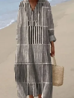 Women's Midi Dress V Neck Long Sleeve Kaftan Lightweight Loose Fit A Line Dress Casual Boho Going out Graphic Long Sleeve V Neck Yellow Pink Blue Brown