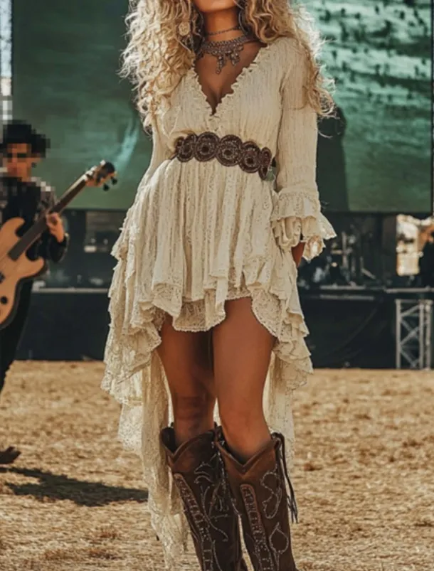 Women's Midi Dress Vintage Dress Vintage Fashion Outdoor Vacation Weekend Regular Fit Plain Long Sleeve V Neck Beige Summer