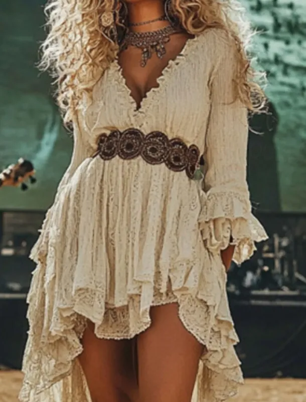 Women's Midi Dress Vintage Dress Vintage Fashion Outdoor Vacation Weekend Regular Fit Plain Long Sleeve V Neck Beige Summer