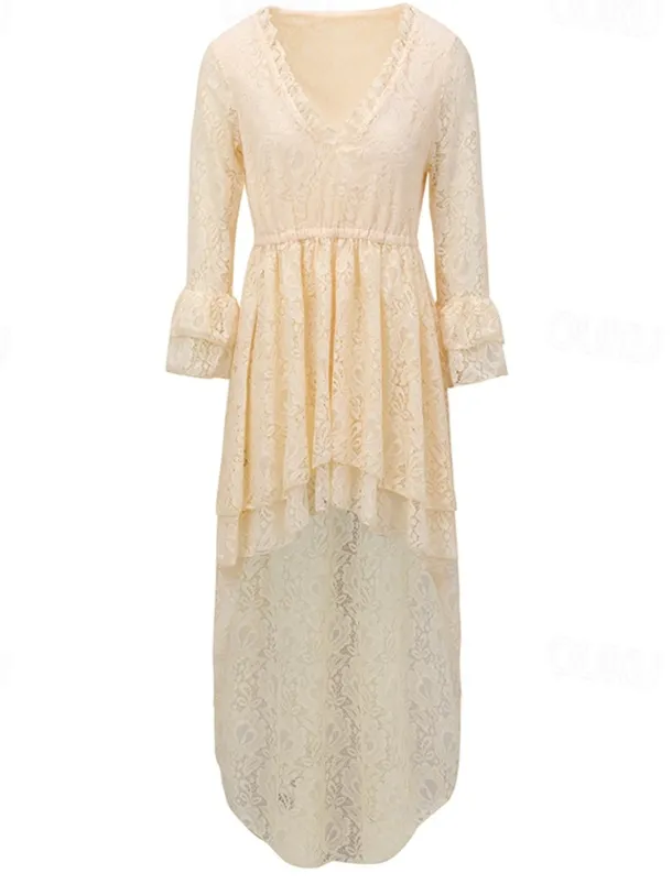 Women's Midi Dress Vintage Dress Vintage Fashion Outdoor Vacation Weekend Regular Fit Plain Long Sleeve V Neck Beige Summer