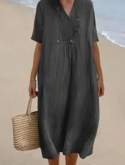 Women's Midi Dress V-neckline Crinkled Texture Light Blue Short Sleeve Casual Beachwear Loose Fit Breathable Summer Apparel