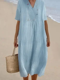 Women's Midi Dress V-neckline Crinkled Texture Light Blue Short Sleeve Casual Beachwear Loose Fit Breathable Summer Apparel