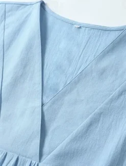 Women's Midi Dress V-neckline Crinkled Texture Light Blue Short Sleeve Casual Beachwear Loose Fit Breathable Summer Apparel