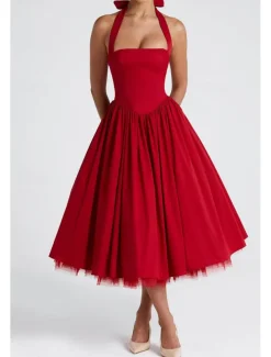 Women's Midi Dress White Dress Graduation Dress Fashion Modern Birthday Holiday Graduation Regular Fit Plain Sleeveless Halter Neck Black White Red Summer