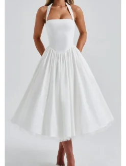 Women's Midi Dress White Dress Graduation Dress Fashion Modern Birthday Holiday Graduation Regular Fit Plain Sleeveless Halter Neck Black White Red Summer