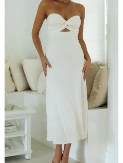 Women's Midi Dress White Dress Graduation Dress Fashion Vacation Birthday Holiday Regular Fit Plain Sleeveless Strapless White Yellow Green Summer