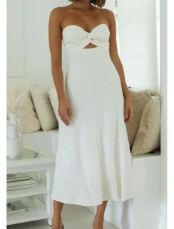 Women's Midi Dress White Dress Graduation Dress Fashion Vacation Birthday Holiday Regular Fit Plain Sleeveless Strapless White Yellow Green Summer