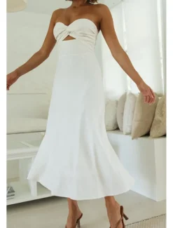 Women's Midi Dress White Dress Graduation Dress Fashion Vacation Birthday Holiday Regular Fit Plain Sleeveless Strapless White Yellow Green Summer