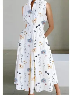 Women's Midi Dress White Dress Trumpet Mermaid Dress Print Dress Fashion Tea Party Going out Weekend Regular Fit Plain Flower Sleeveless V Neck White Cream Orange Beige Summer