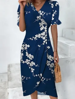Women's Midi Dress Wrap Dress Elegant Lightweight Puff Sleeve Short Sleeve V Neck Going out Regular Fit Floral Graphic Blue Purple Green