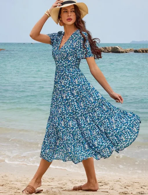 Women's Mid-Length Dress Short Sleeve V-neck Floral Print Bohemian Style Comfortable Beach Vacation Wear Blue White Summer Spring Clothing Apparel