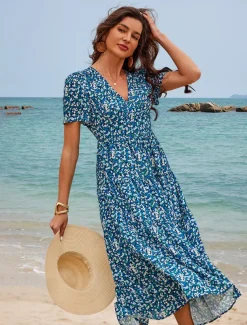 Women's Mid-Length Dress Short Sleeve V-neck Floral Print Bohemian Style Comfortable Beach Vacation Wear Blue White Summer Spring Clothing Apparel