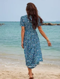 Women's Mid-Length Dress Short Sleeve V-neck Floral Print Bohemian Style Comfortable Beach Vacation Wear Blue White Summer Spring Clothing Apparel