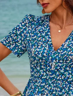 Women's Mid-Length Dress Short Sleeve V-neck Floral Print Bohemian Style Comfortable Beach Vacation Wear Blue White Summer Spring Clothing Apparel