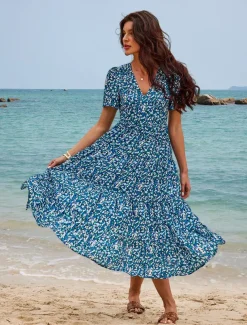 Women's Mid-Length Dress Short Sleeve V-neck Floral Print Bohemian Style Comfortable Beach Vacation Wear Blue White Summer Spring Clothing Apparel