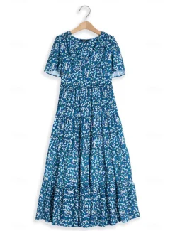 Women's Mid-Length Dress Short Sleeve V-neck Floral Print Bohemian Style Comfortable Beach Vacation Wear Blue White Summer Spring Clothing Apparel