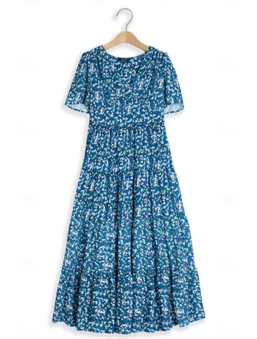 Women's Mid-Length Dress Short Sleeve V-neck Floral Print Bohemian Style Comfortable Beach Vacation Wear Blue White Summer Spring Clothing Apparel