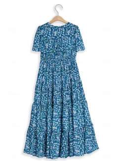 Women's Mid-Length Dress Short Sleeve V-neck Floral Print Bohemian Style Comfortable Beach Vacation Wear Blue White Summer Spring Clothing Apparel