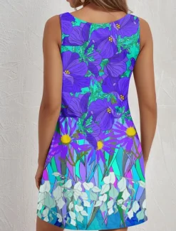 Women's Mini Dress A Line Dress Summer Dress Off The Shoulder Dress Vacation Casual Daily Loose Fit Floral Graphic Sleeveless U Neck Blue Summer