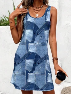 Women's Mini Dress A Line Dress Summer Dress Off The Shoulder Dress Vacation Daily Loose Fit Graphic Geometric Sleeveless U Neck Blue Summer Spring