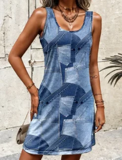 Women's Mini Dress A Line Dress Summer Dress Off The Shoulder Dress Vacation Daily Loose Fit Graphic Geometric Sleeveless U Neck Blue Summer Spring
