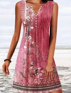 Women's Mini Dress A Line DressT Shirt Dress Tee Dress Off The Shoulder Dress Casual Vacation Daily Regular Fit Floral Graphic Sleeveless V Neck Pink Blue Green Gray Summer