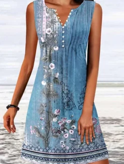 Women's Mini Dress A Line DressT Shirt Dress Tee Dress Off The Shoulder Dress Casual Vacation Daily Regular Fit Floral Graphic Sleeveless V Neck Pink Blue Green Gray Summer