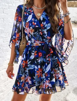 Women's Mini Dress A Line Dress Stylish Vacation Daily Loose Fit Floral Half Sleeve V Neck Dark Blue Summer